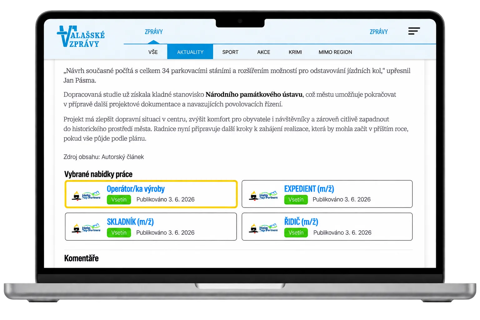 Valašské zprávy - Web v notebooku, ukázka nabídky práce, HR Box