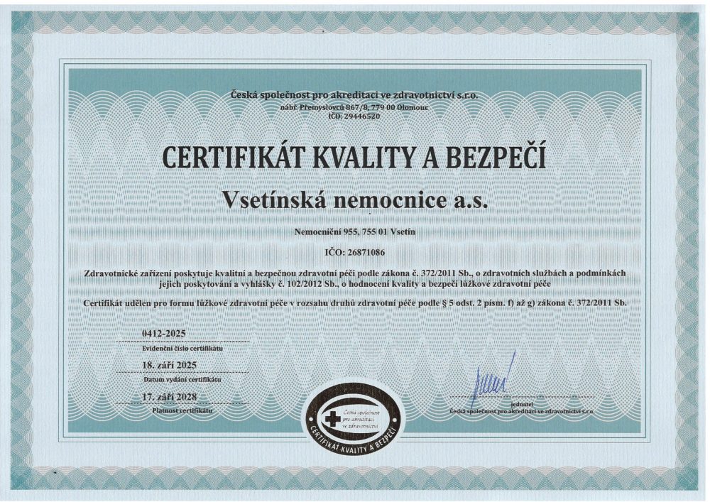 Certifikát pro Vsetínskou nemocnici