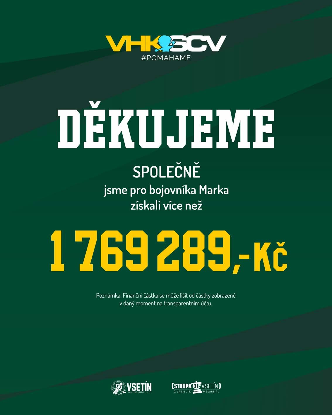 Poděkování VHK Vsetín všem zapojeným do podpory Marka. Zdroj: VHK Vsetín