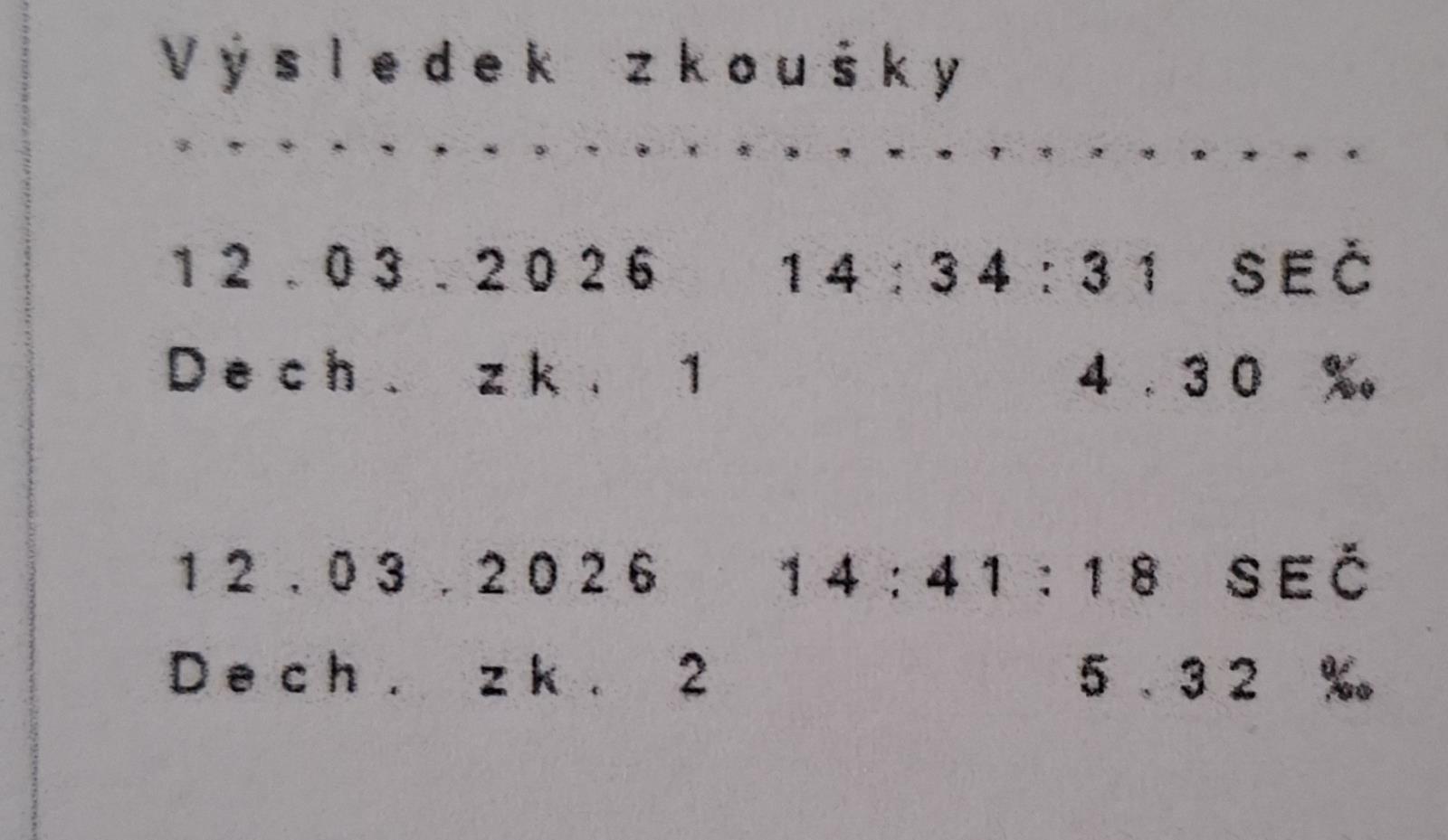 Výsledek dechové zkoušky řidiče na Vsetínsku. Zdroj: Policie ČR