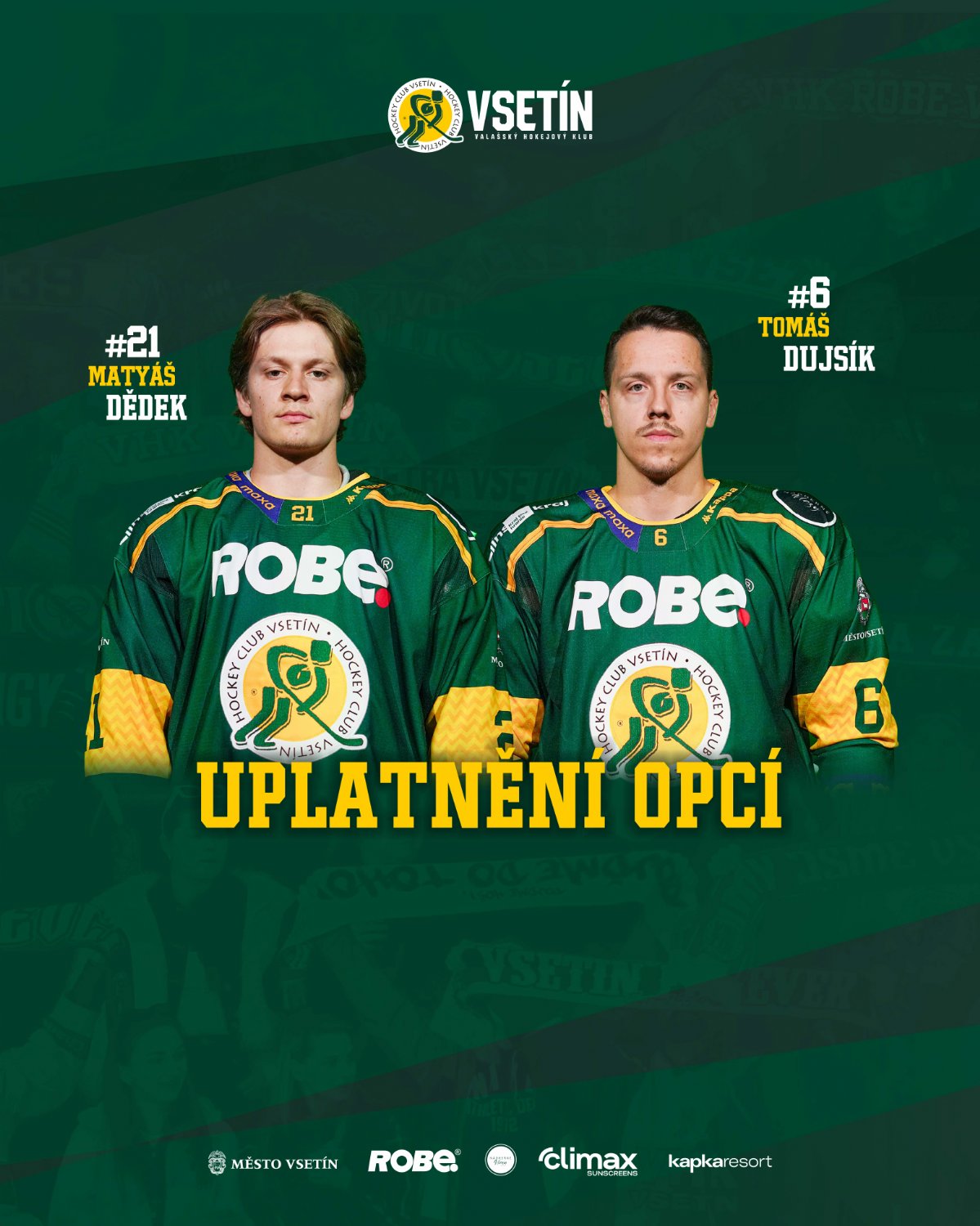 VHK Vsetín uplatnil opce na dvojici hráčů. Zdroj: VHK Vsetín