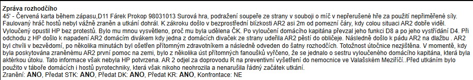 Zpráva od rozhodčího v zápisu utkání. 