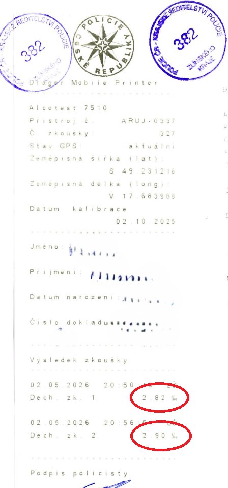 Pozitivní dechová zkouška. Zdroj: Policie ČR