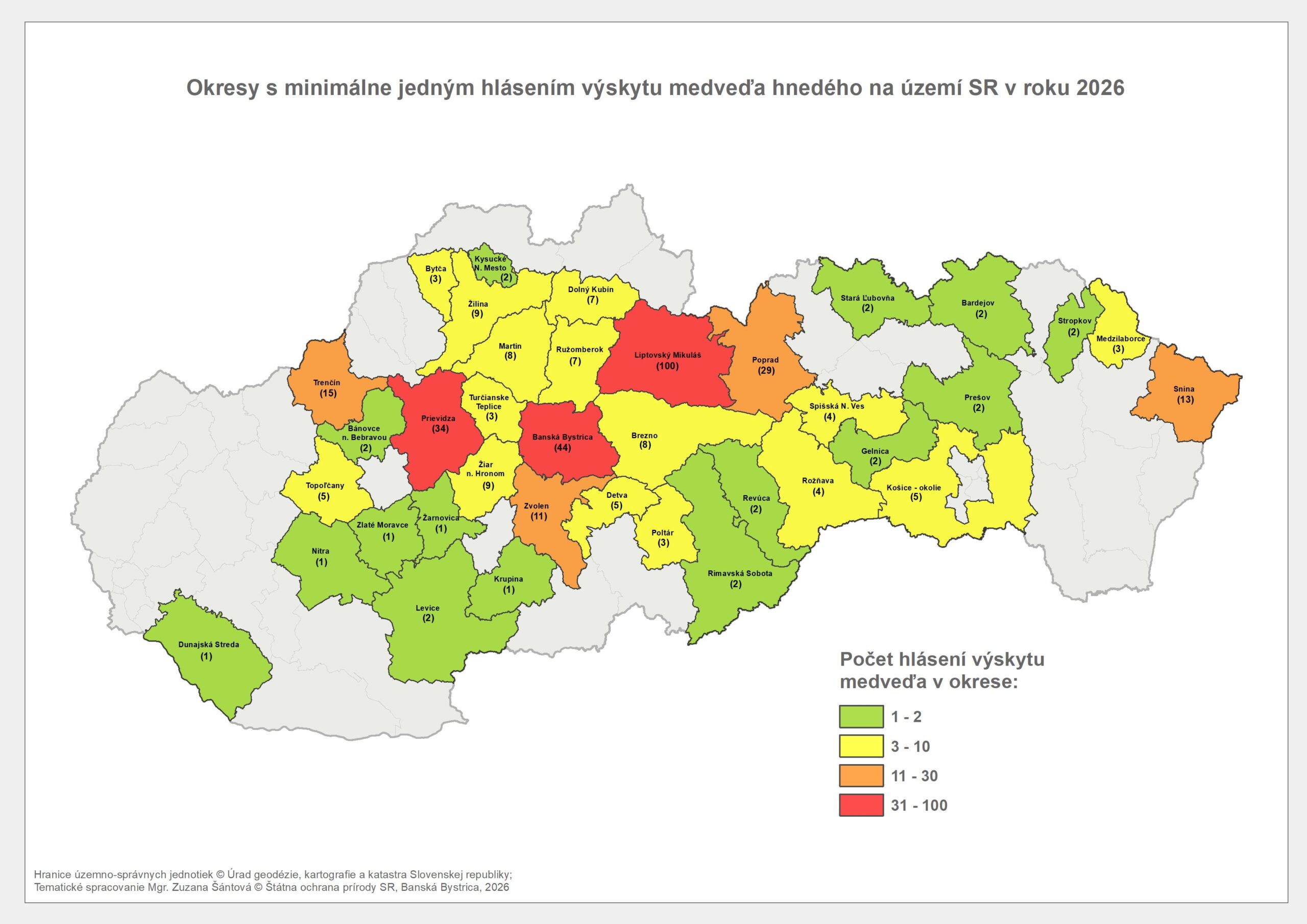 Mapa hlášení výskytu medvěda hnědého k 11. 5. 2026. Zdroj: Pozor Medvěd